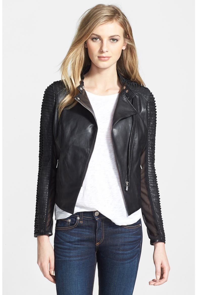 Stripe Sleeve Detail Leather Jacket, Main, color, BLACK