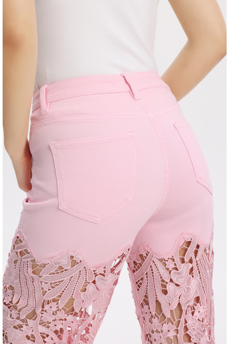 High Waist Crystal Embellished Lace Wide Leg Jeans, Alternate, color, PINK