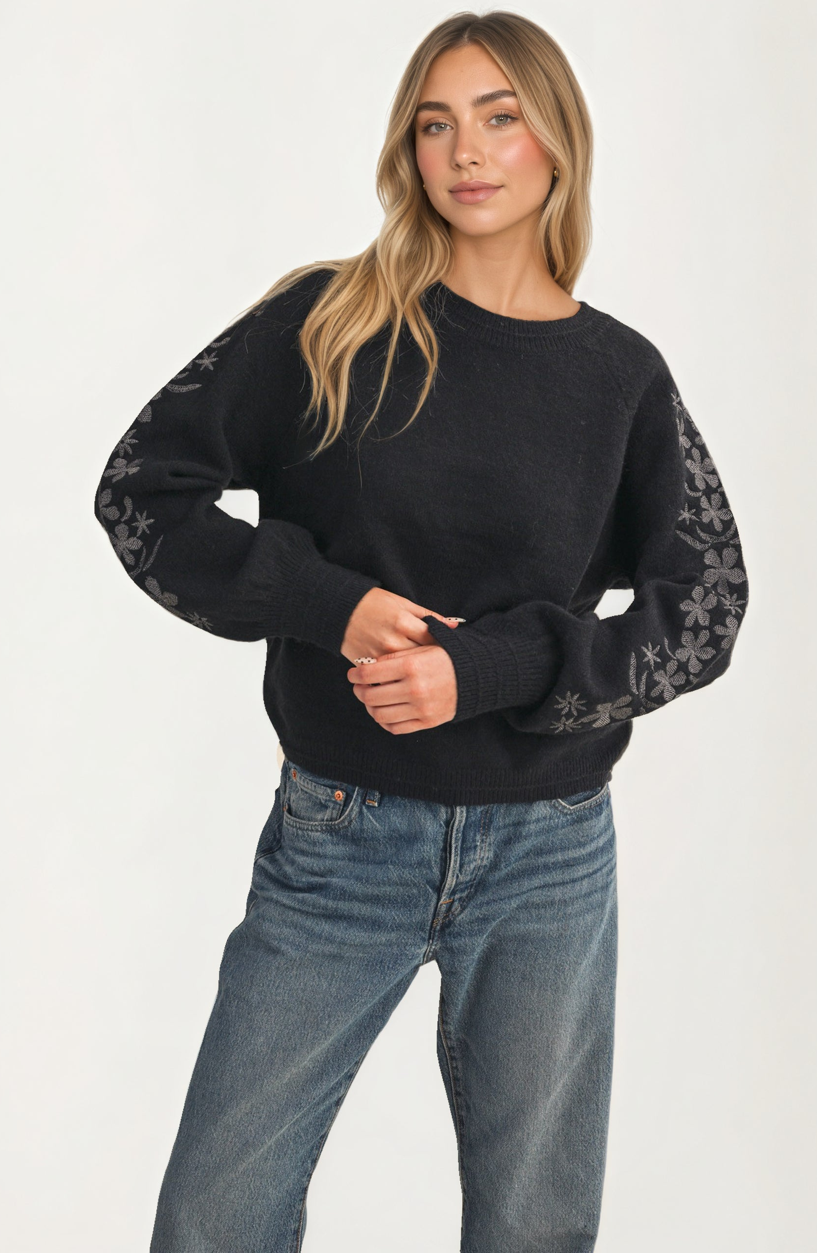 Floral Embroidered Sleeve Sweater