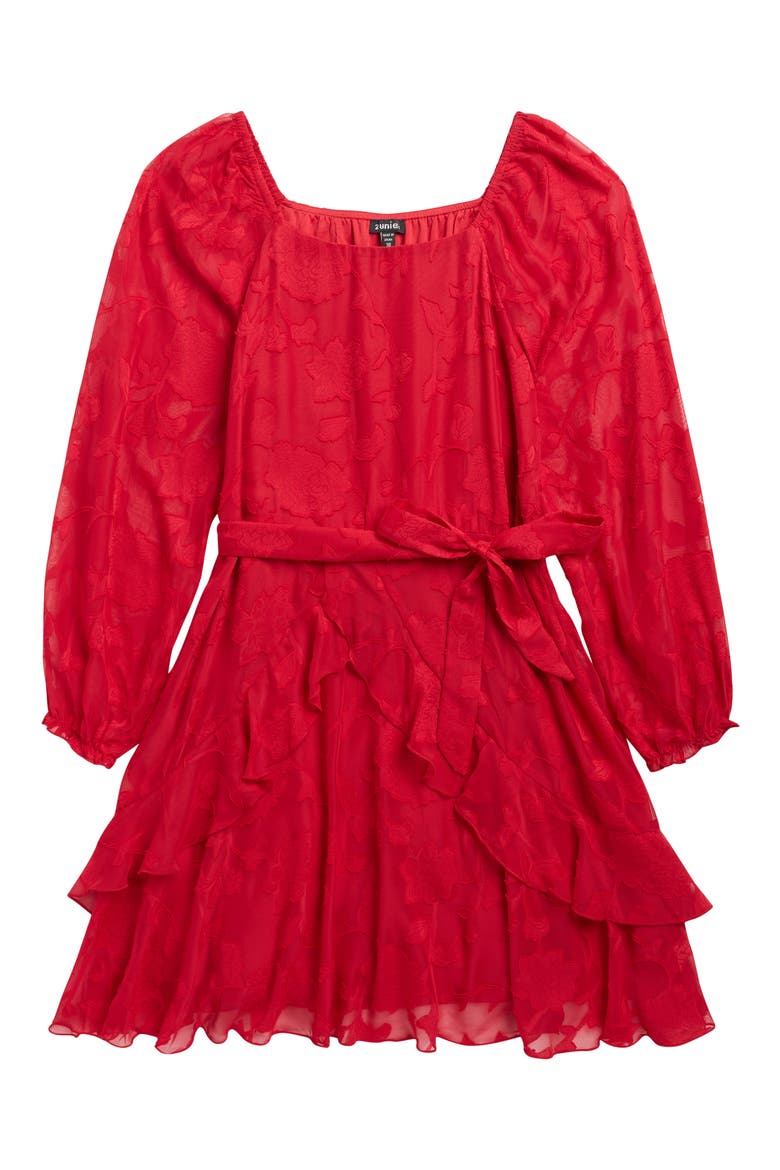 Kids' Burnout Long Sleeve Tie Belt Chiffon Party Dress, Main, color, RED