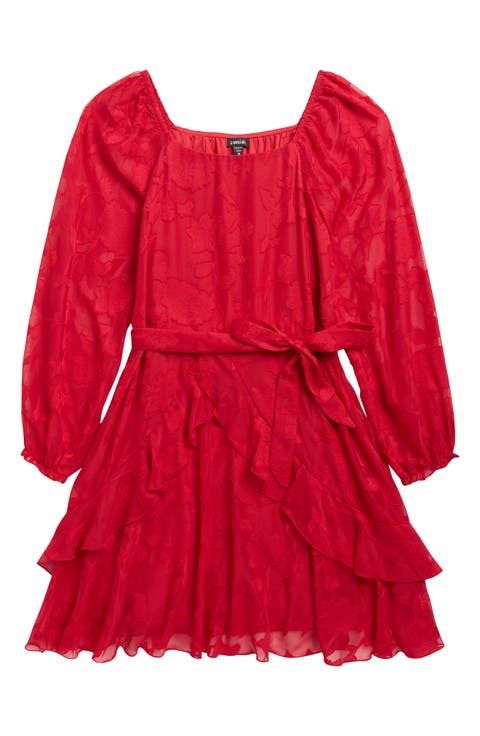 Kids' Burnout Long Sleeve Tie Belt Chiffon Party Dress (Big Kid)