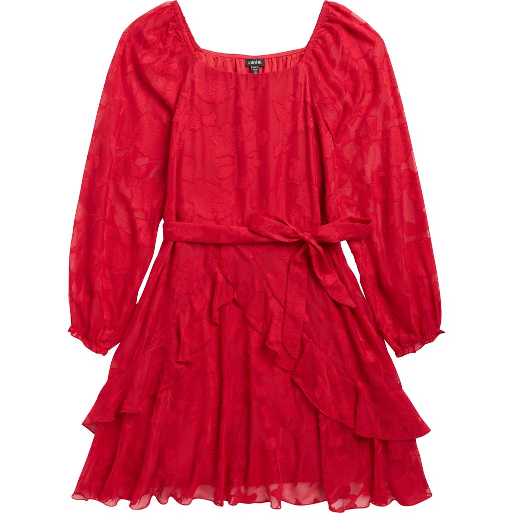 Zunie Kids' Burnout Long Sleeve Tie Belt Chiffon Party Dress In Red