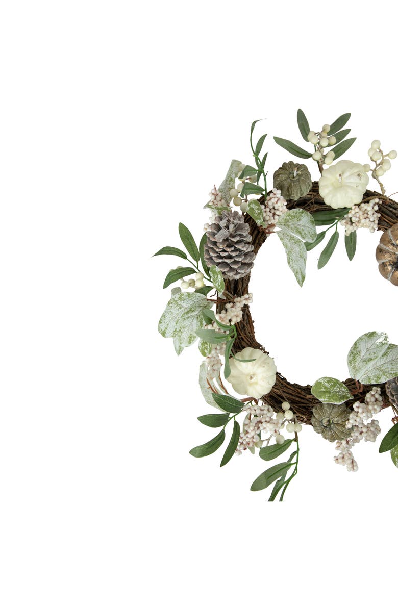 Northlight Pumpkins, Pinecones and Berries Artificial Fall Harvest Twig Wreath - 20", Alternate, color, Green