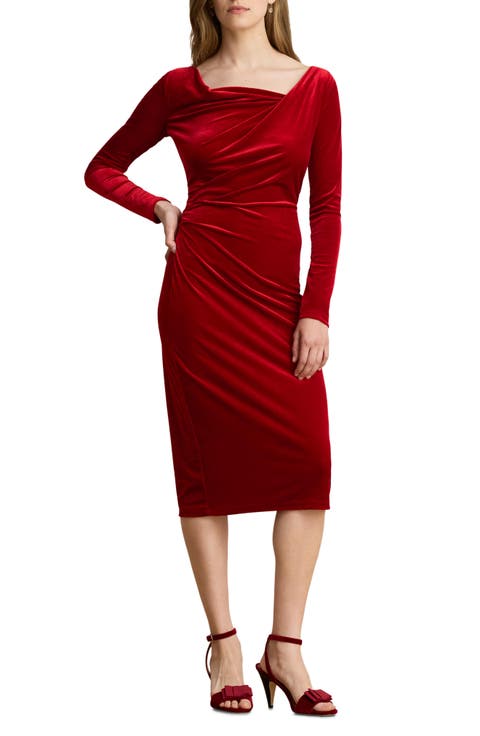 Draped Neck Long Sleeve Velvet Sheath Dress
