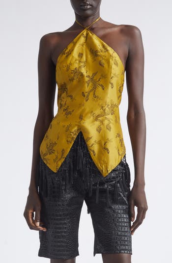 KIM SHUI Bella Fringe Silk Brocade Halter Top | Nordstrom