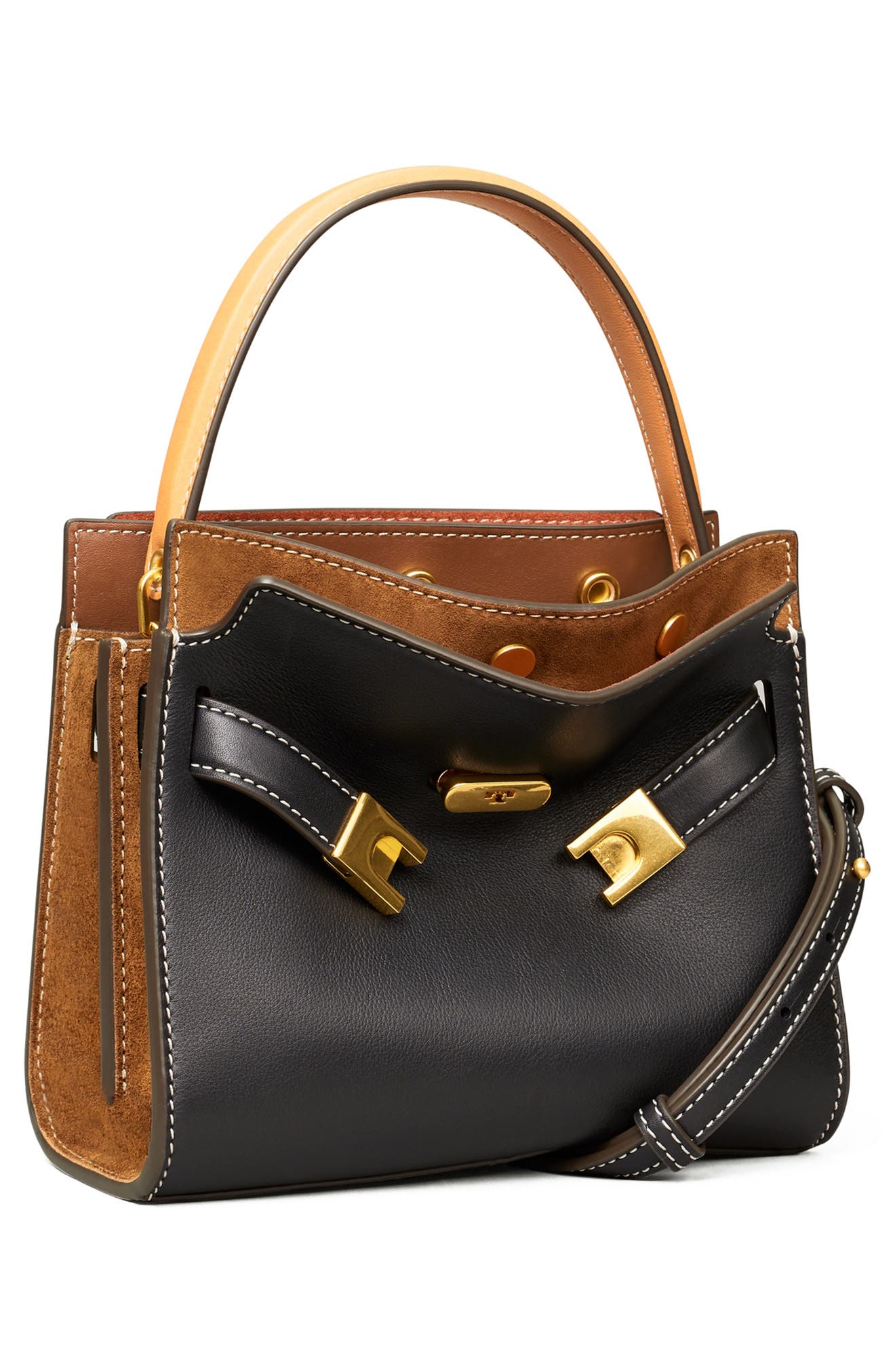 Tory Burch Lee Radziwill Petite Leather Double Bag, Alternate, color, Black