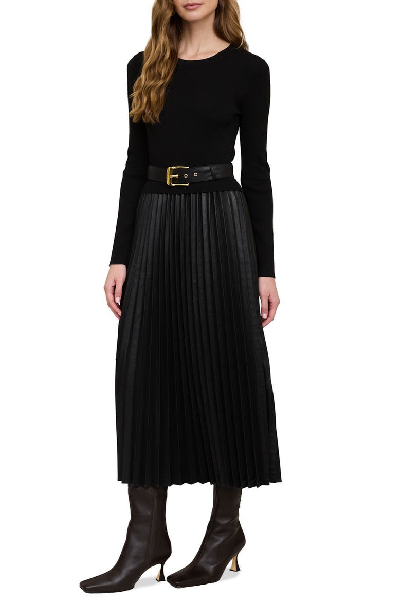 Twofer Belted Long Sleeve Midi Dress, Main, color, BLACK
