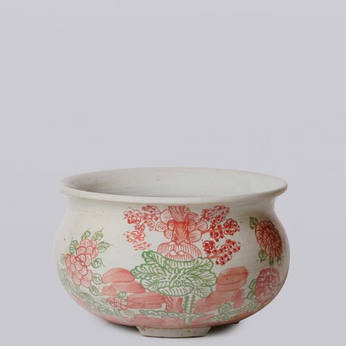 Cobalt Guild Rustic Four Seasons Pink & Green Porcelain Bulbous Cachepot In Multi