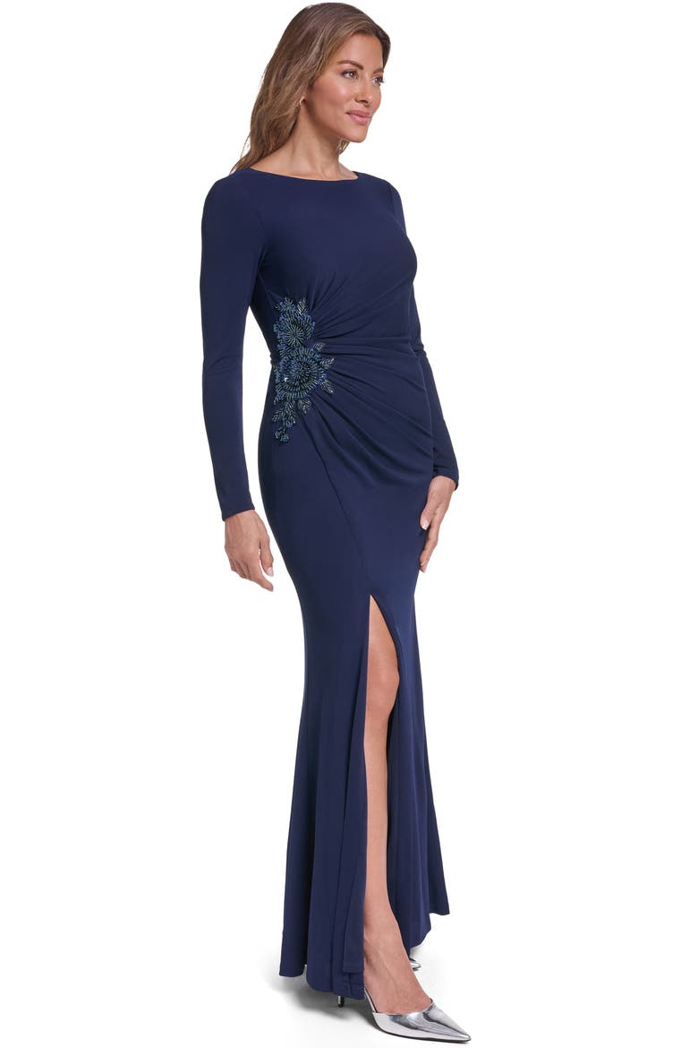 Beaded Detail Side Ruched Long Sleeve Gown, Alternate, color, NAVY