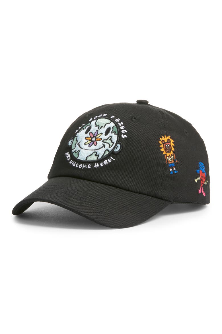 Good World Embroidered Adjustable Baseball Cap, Main, color, BLACK