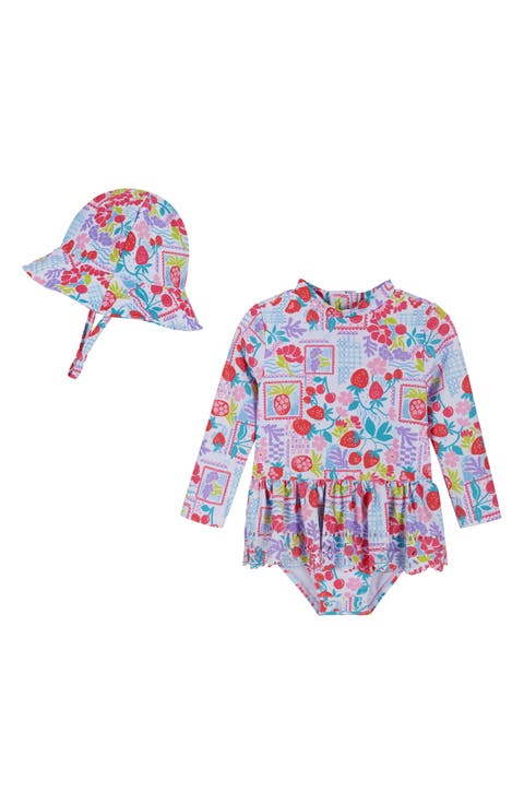 Fruit Print Skirted One-Piece Rashguard & Hat Set (Baby)