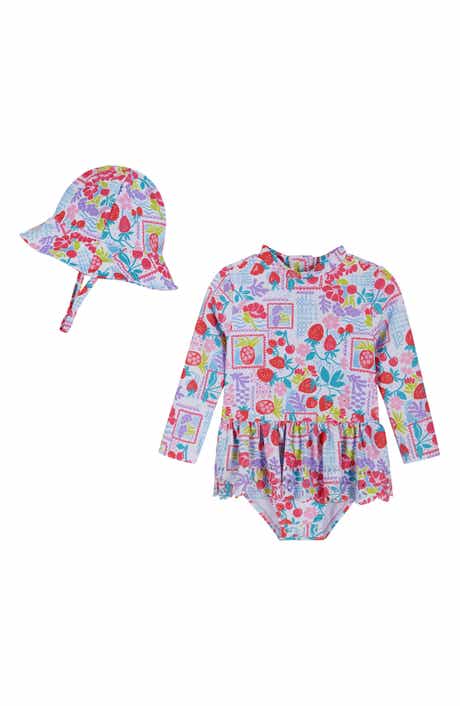 Andy & Evan Fruit Print Skirted One-Piece Rashguard & Hat Set