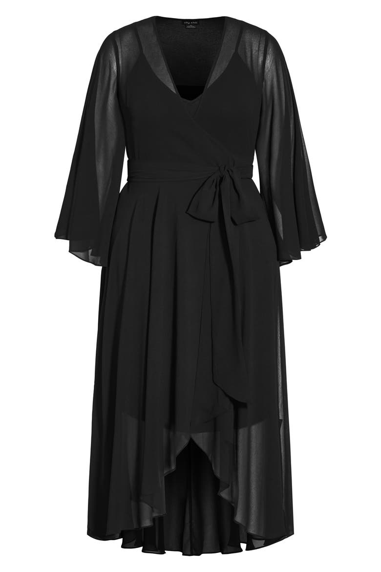 Long Sleeve Sheer Chiffon Maxi Wrap Dress, Alternate, color, BLACK
