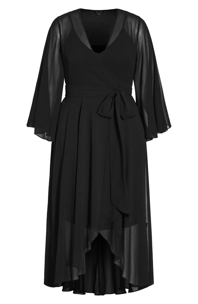 City Chic Long Sleeve Sheer Chiffon Maxi Wrap Dress, Alternate, color, Black