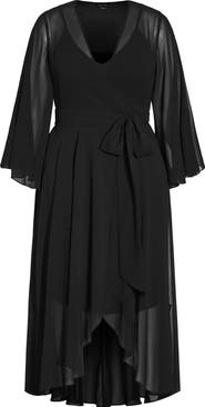 City Chic Long Sleeve Sheer Chiffon Maxi Wrap Dress