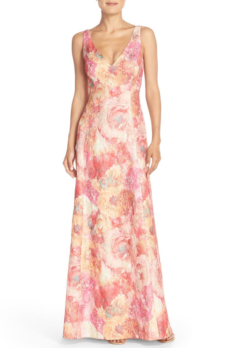 Aidan Mattox Sleeveless Floral Jacquard Gown, Main, color, 