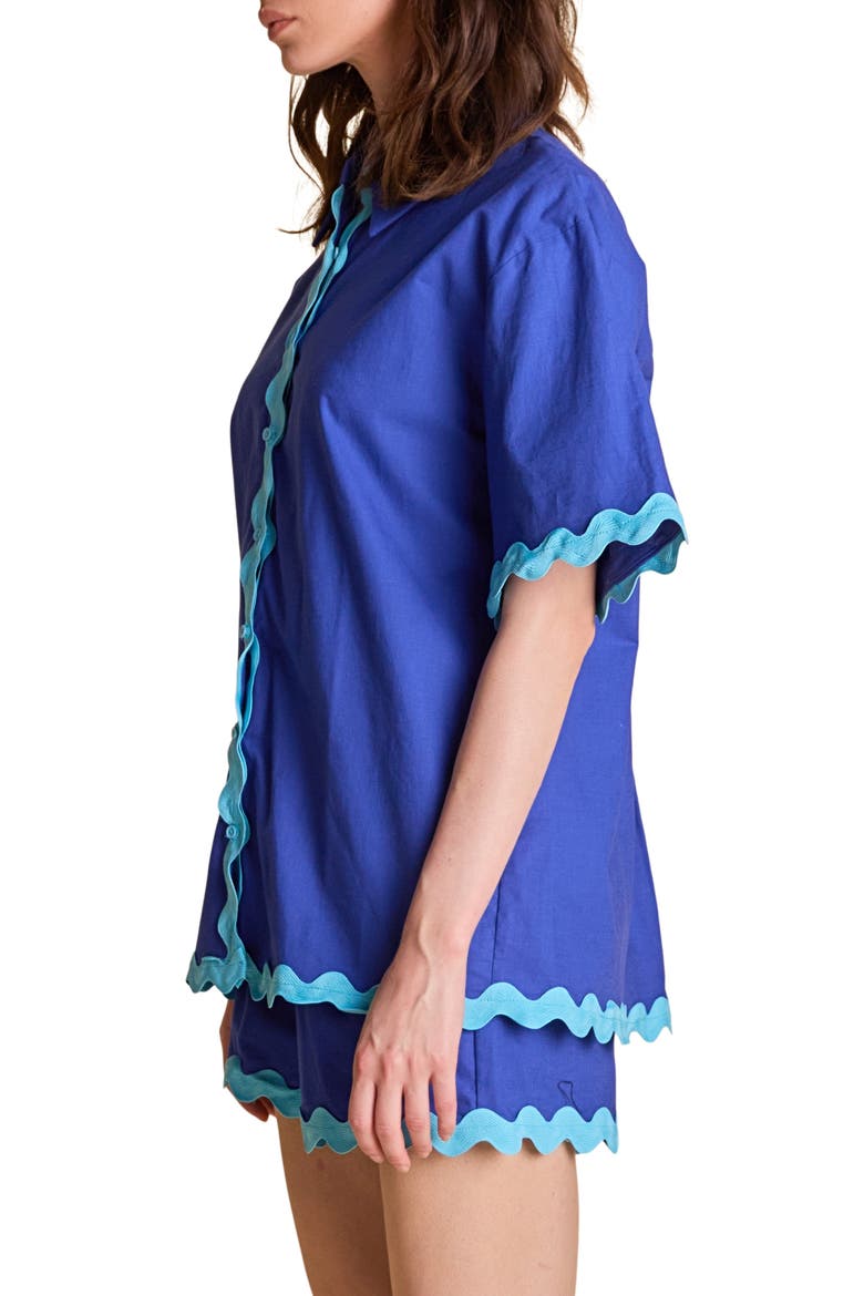 Rickrack Trim Cotton & Linen Button-Up Shirt, Alternate, color, BLUE