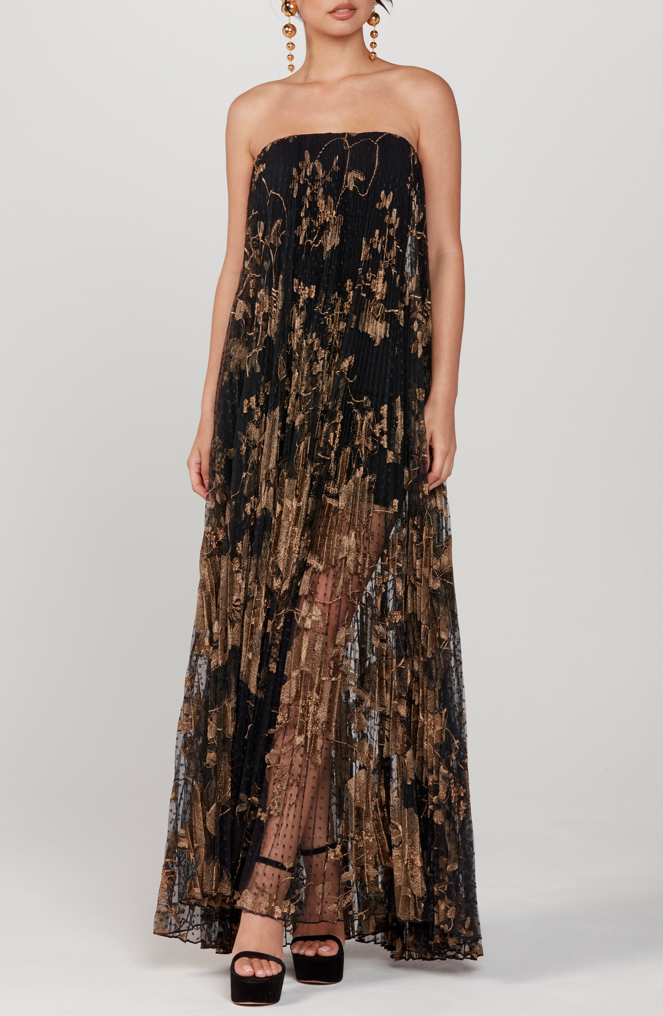 HELSI Delphanie Metallic Floral Strapless Pleated Gown