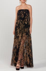 HELSI Delphanie Metallic Floral Strapless Pleated Gown