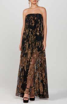 HELSI Delphanie Metallic Floral Strapless Pleated Gown