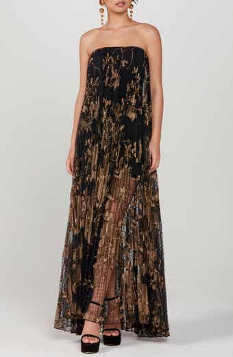 Delphanie Metallic Floral Strapless Pleated Gown