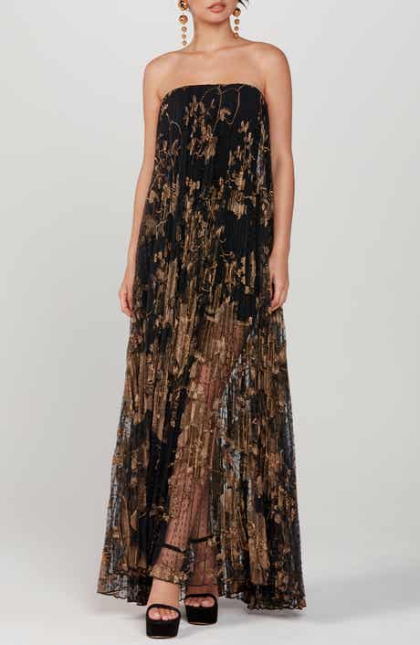 Delphanie Metallic Floral Strapless Pleated Gown