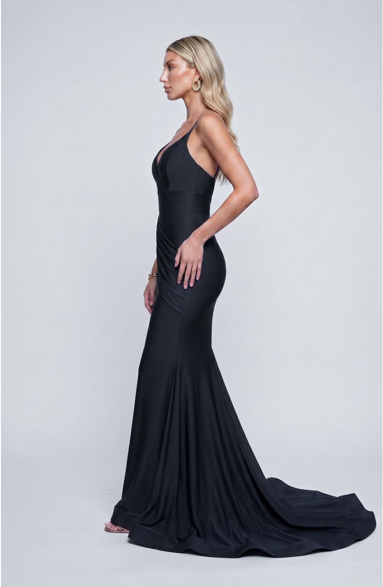 Jessica Angel Ruched Plunge Neck Mermaid Evening Gown, Alternate, color, Black