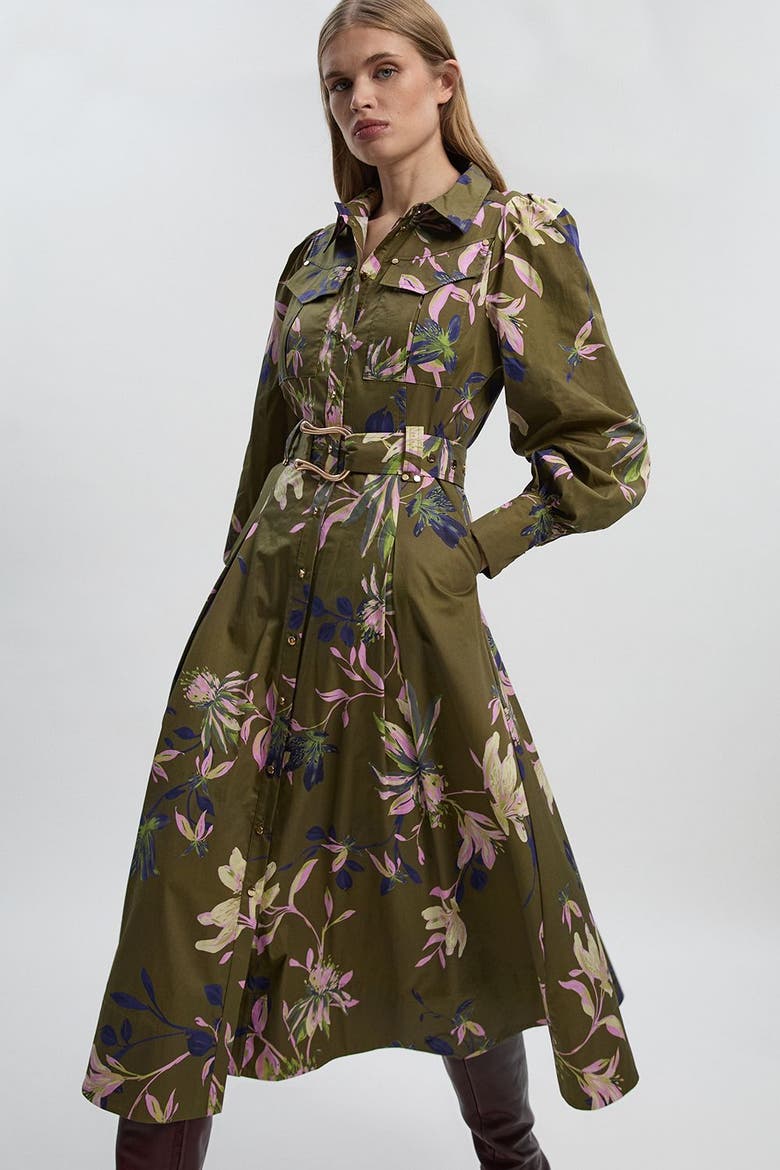 Floral Cotton Sateen Midi Shirt Dress, Alternate, color, Khaki