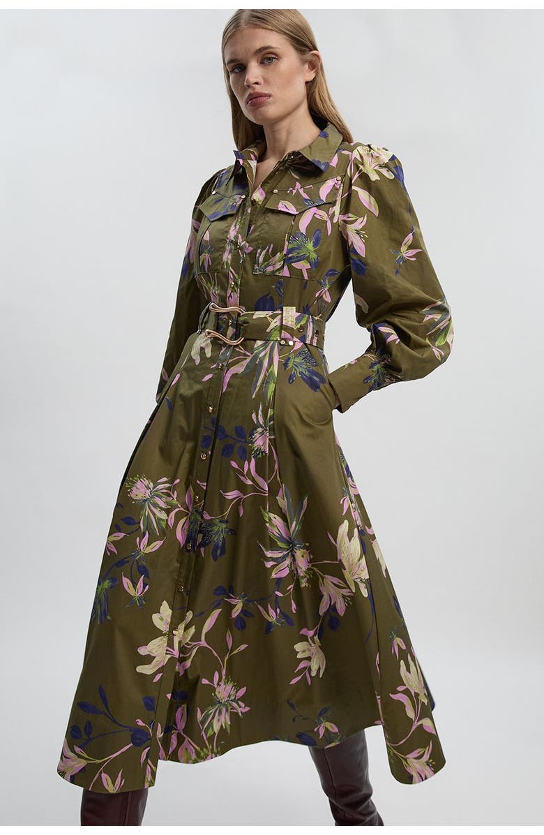 Karen Millen Floral Cotton Sateen Midi Shirt Dress, Alternate, color, Khaki