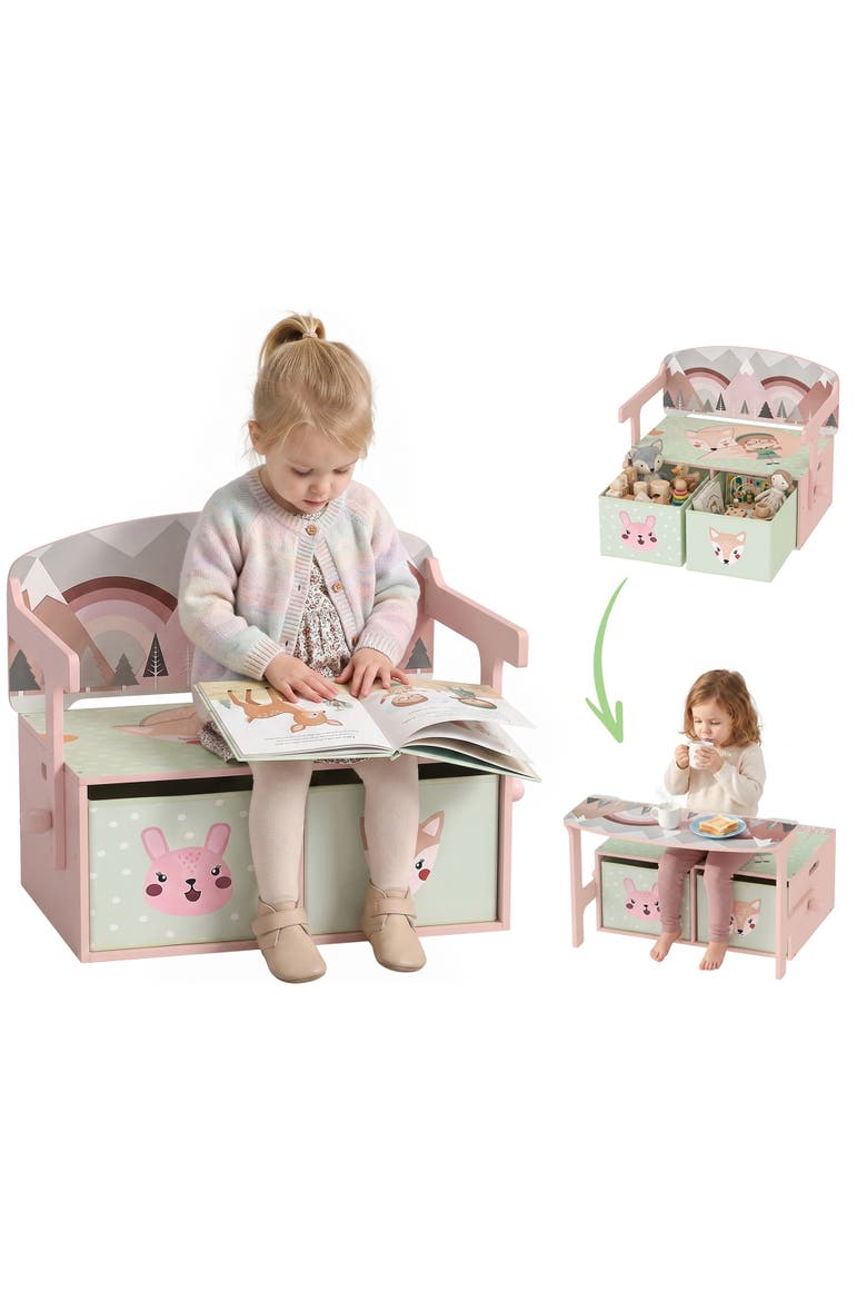 Kids Toy Box Chest, 3-in-1 Convertible Storage Chest with 2 Non-Woven Drawers for Bedroom, Kids Room, Wooden Toy Box Gift for Ages 3-6, Pink, Main, color, Pink