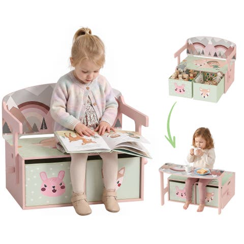 Kids Toy Box Chest, 3-in-1 Convertible Storage Chest with 2 Non-Woven Drawers for Bedroom, Kids Room, Wooden Toy Box Gift for Ages 3-6, Pink