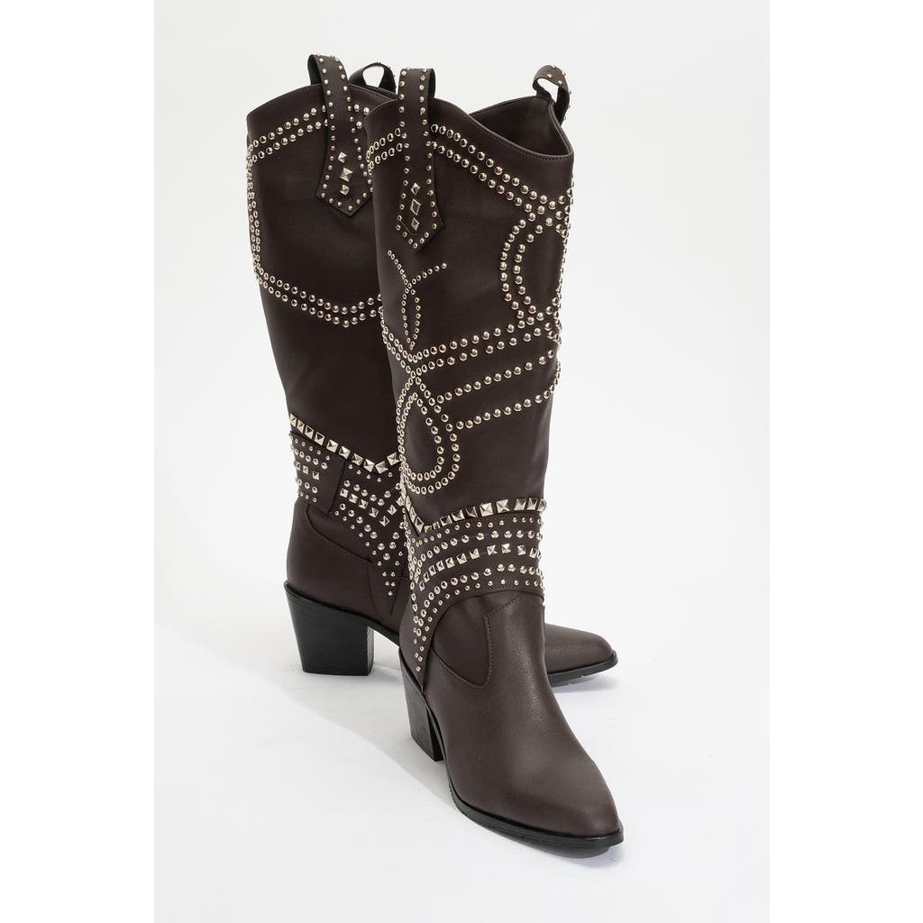 Prologue Shoes Draga Studded Block Heel Knee High Boot In Brown