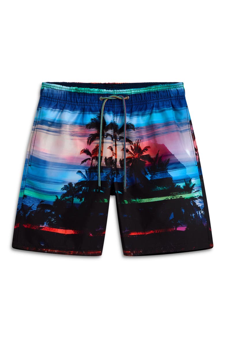 Rainbow Sunset Print Swim Trunks, Alternate, color, NIGHT BLUE