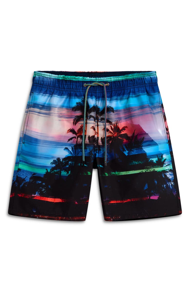 Bugatchi Rainbow Sunset Print Swim Trunks, Alternate, color, 