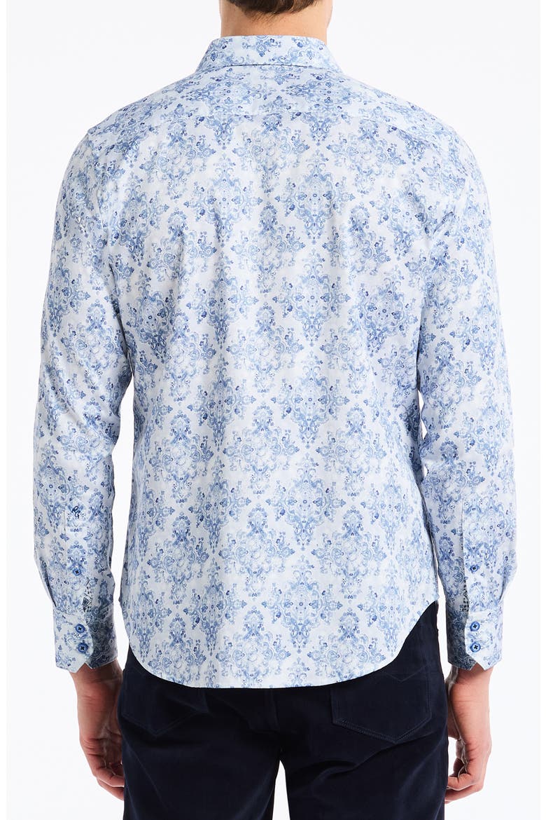 Delancey Damask Print Stretch Cotton Button-Up Shirt, Alternate, color, NAVY