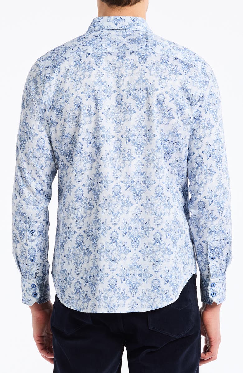 Robert Graham Delancey Damask Print Stretch Cotton Button-Up Shirt, Alternate, color, Navy