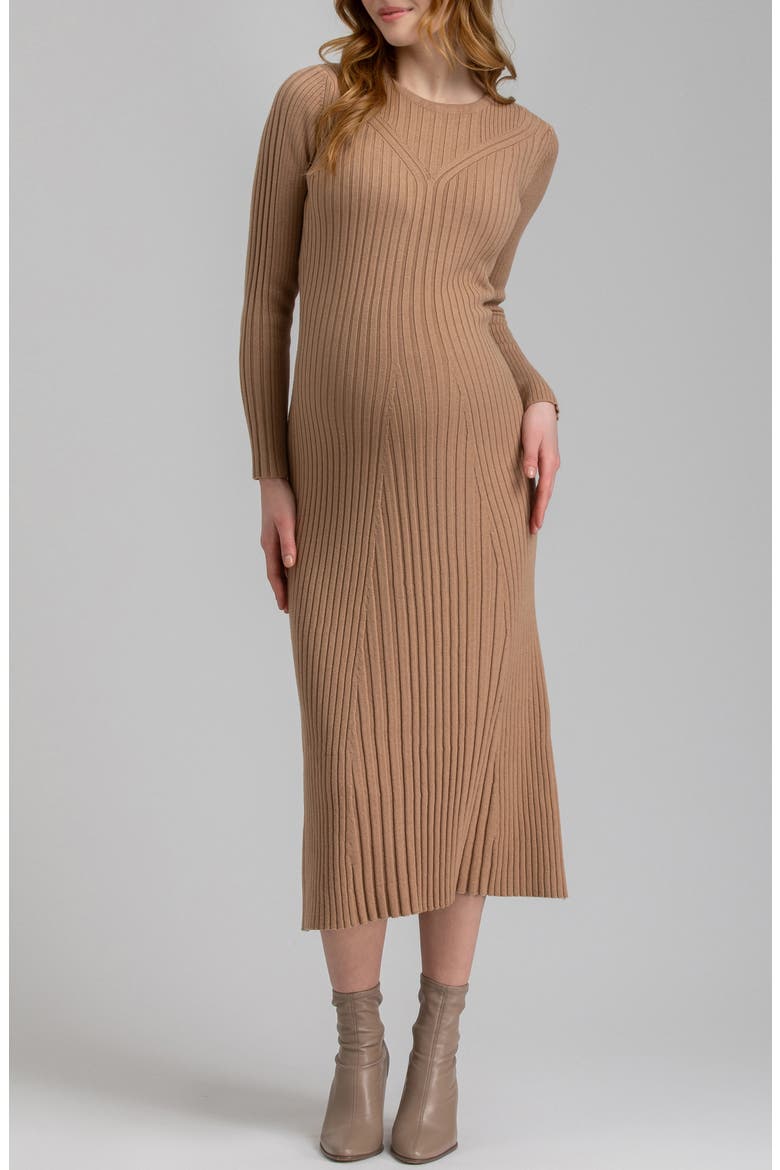 Long Sleeve Rib Maternity Midi Sweater Dress, Main, color, LIGHT/ PASTEL BROWN