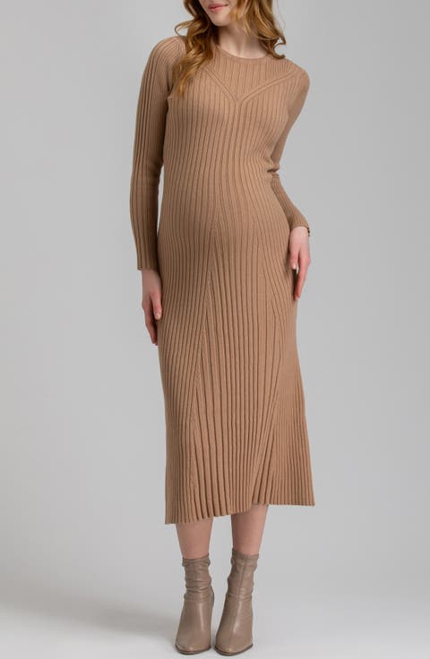Long Sleeve Rib Maternity Midi Sweater Dress