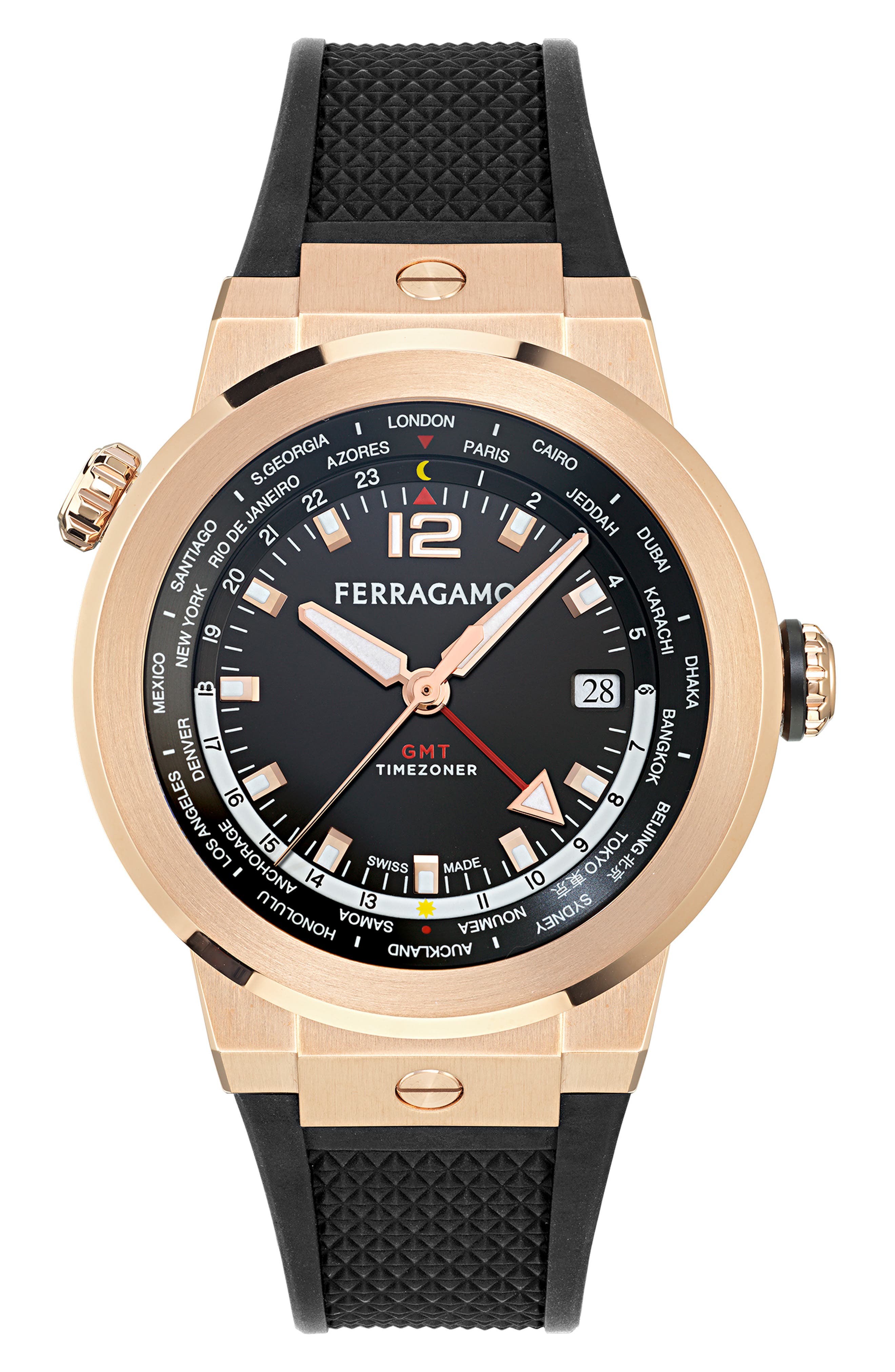 FERRAGAMO F-80 GMT Worldtime Silicone Strap Watch, 43mm