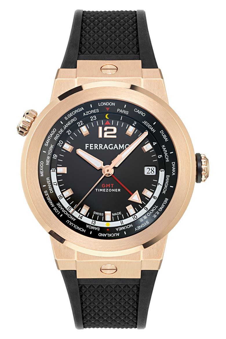 F-80 GMT Worldtime Silicone Strap Watch, 43mm, Main, color, IP ROSE GOLD