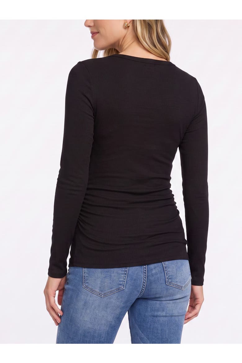 V-Neck Side-Ruched Long Sleeve Henley Tee, Alternate, color, Black