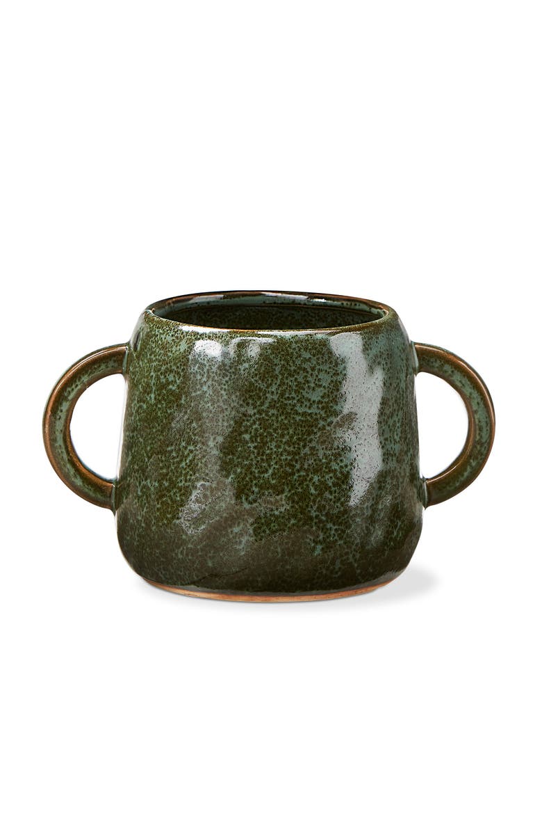 Handled Small Green Ceramic Planter Pot Easy to Clean Decor, Main, color, Green
