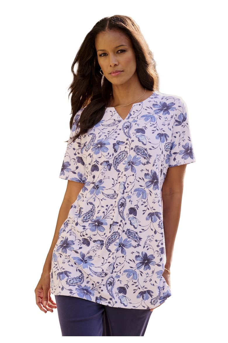 Plus Size Soft Knit Print Tunic With Notch Neckline, Main, color, BLUE BUTTERFLY GARDEN