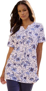 Roaman's Plus Size Soft Knit Print Tunic With Notch Neckline