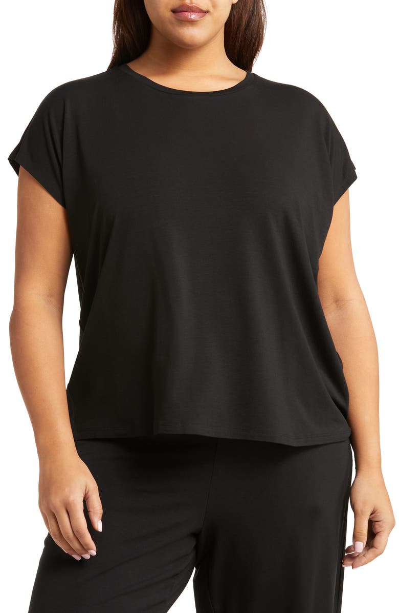 Eileen Fisher Crewneck Boxy Stretch Jersey Top, Main, color, Black