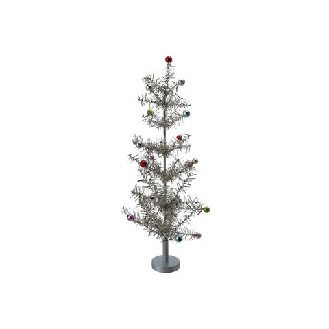 Large Tinsel Tree with Multicolor Ball Ornaments, Silver Finish
