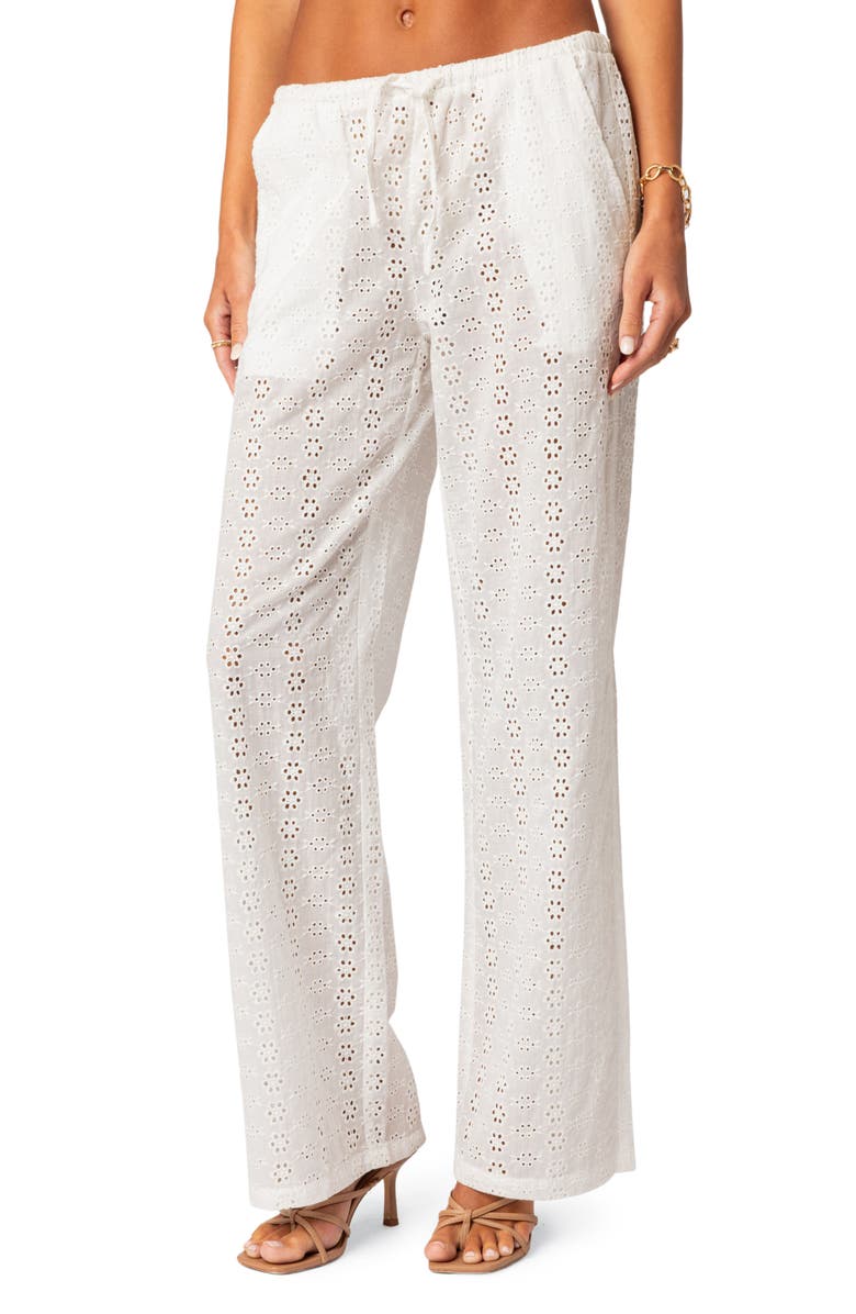 EDIKTED Lemon Lacey Cotton Eyelet Pants, Main, color, White