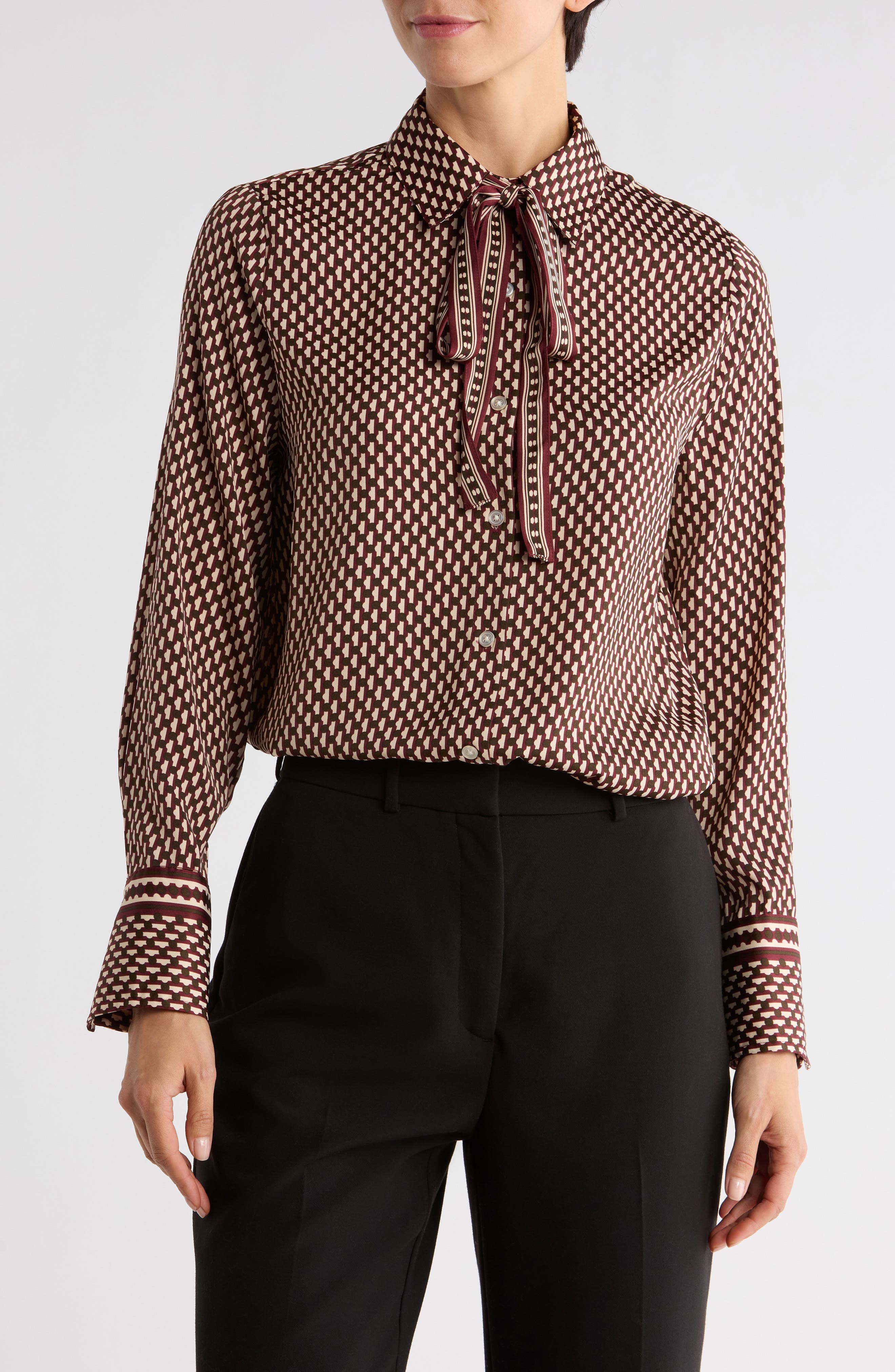 Satin Tie Neck Button-Up Shirt