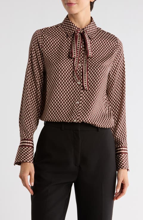 Satin Tie Neck Button-Up Shirt