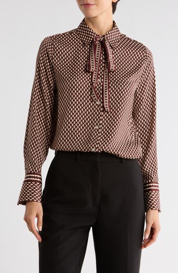 Satin Tie Neck Button-Up Shirt